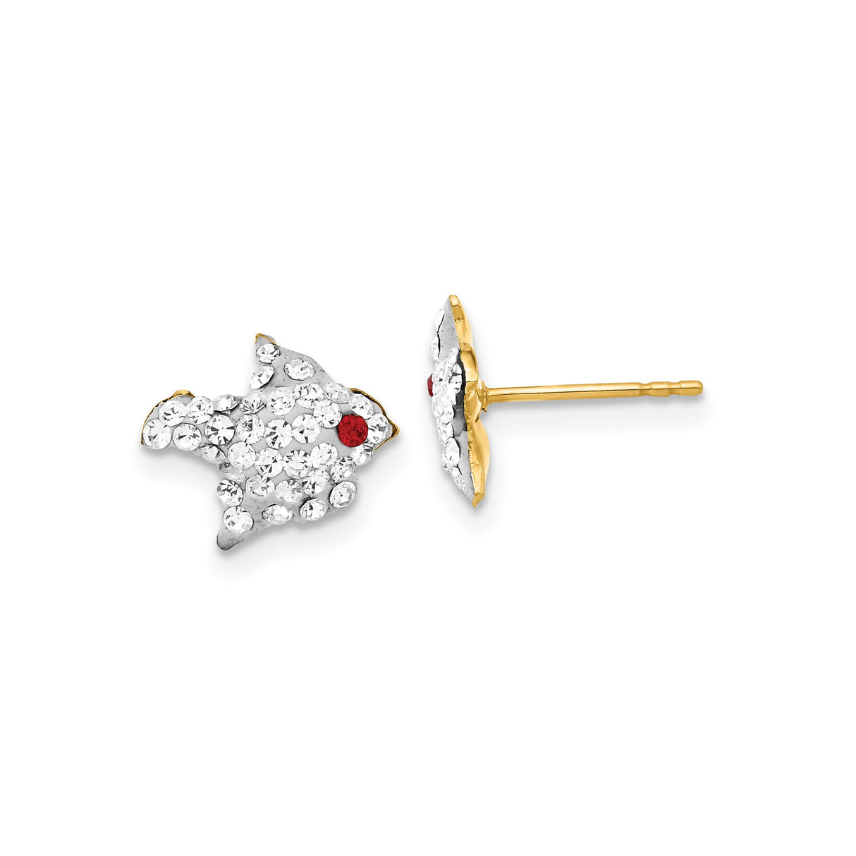 14k Yellow Gold Fish Stud Earrings with Red and Clear Cubic Zirconia Accents