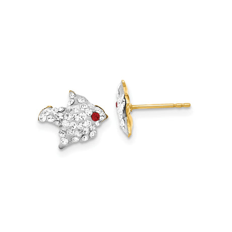 14k Yellow Gold Fish Stud Earrings with Red and Clear Cubic Zirconia Accents