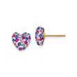 14k Yellow Gold Heart Stud Earrings with Pink, Blue, and Purple Crystals, Dainty Multicolor Design