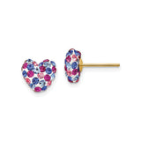 14k Yellow Gold Heart Stud Earrings with Pink, Blue, and Purple Crystals, Dainty Multicolor Design