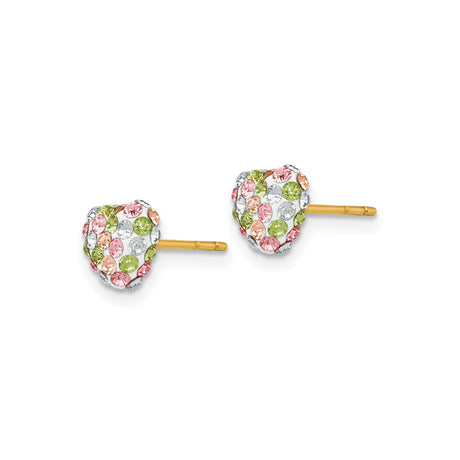 14k Yellow Gold Heart Stud Earrings with Multicolor Crystals in Pink, Green, and Clear