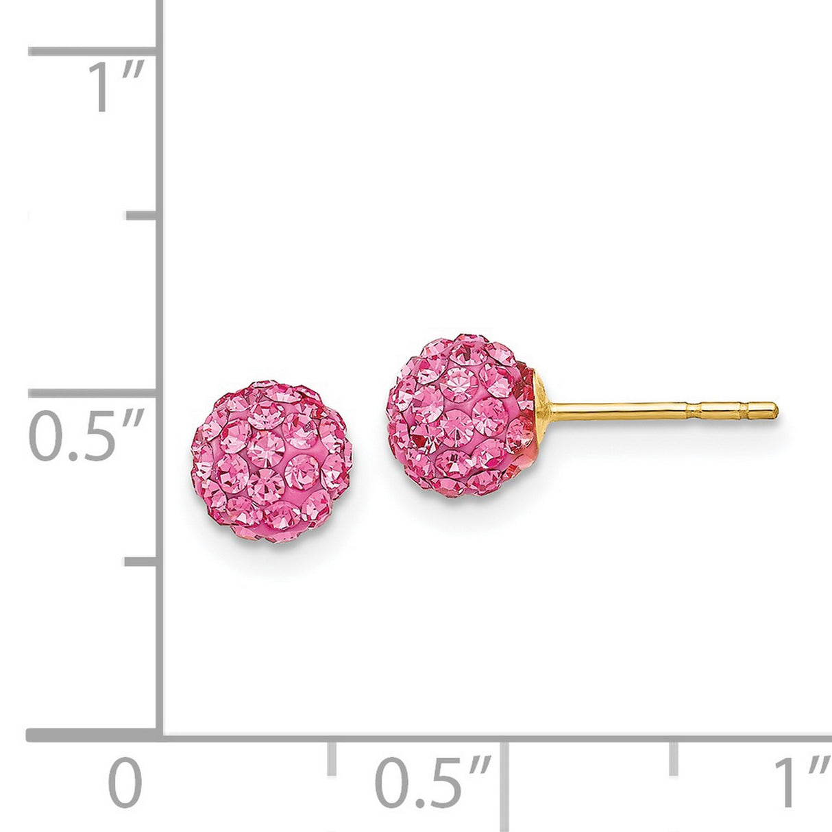 14k Yellow Gold Stud Earrings, Pink Crystal Pavé Ball Design, Lightweight Fashion Jewelry