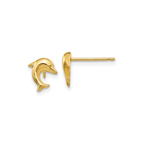 14k Yellow Gold Dolphin Stud Earrings, Ocean Inspired Marine Animal Design for Women and Girls