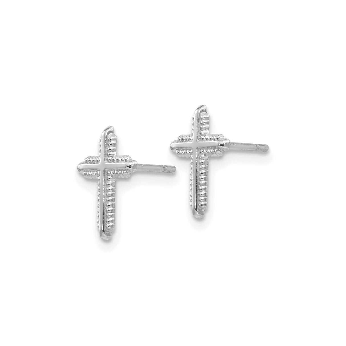 14k White Gold Cross Stud Earrings with Beaded Edge, Minimalist Christian Jewelry for Women