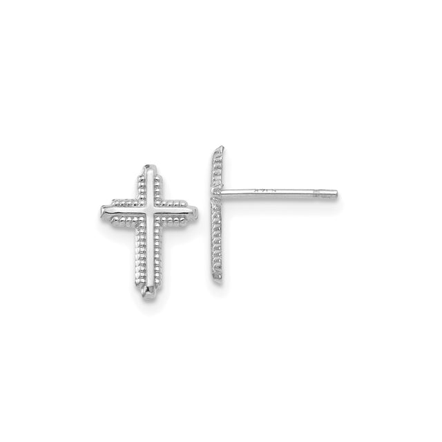 14k White Gold Cross Stud Earrings with Beaded Edge, Minimalist Christian Jewelry for Women