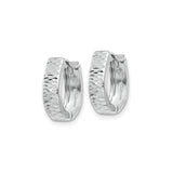 14k White Gold Hoop Earrings, Faceted Diamond Cut Texture, Huggie Style, Hinged Closure