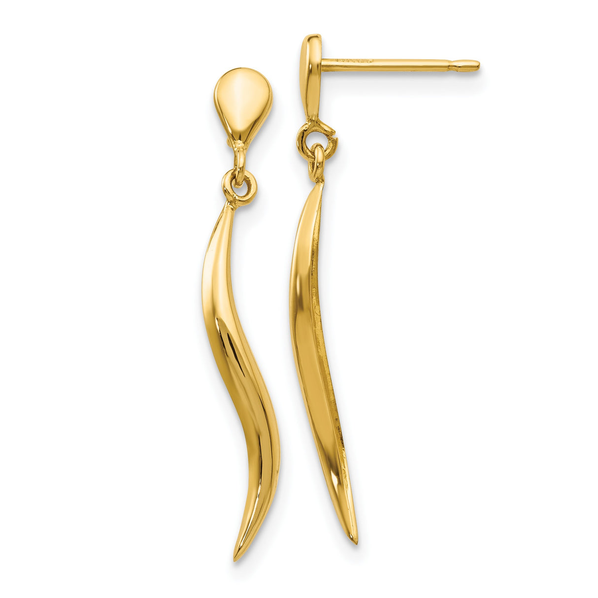 14k Yellow Gold Dangle Earrings with Polished Wave-Inspired Long Curved Design for Women