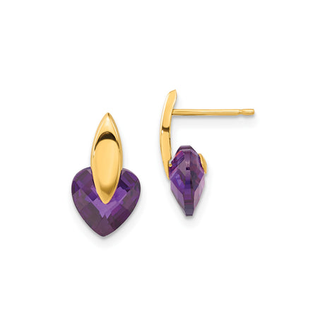 14k Yellow Gold Stud Earrings with Heart-Shaped Purple Cubic Zirconia, Romantic Modern Style