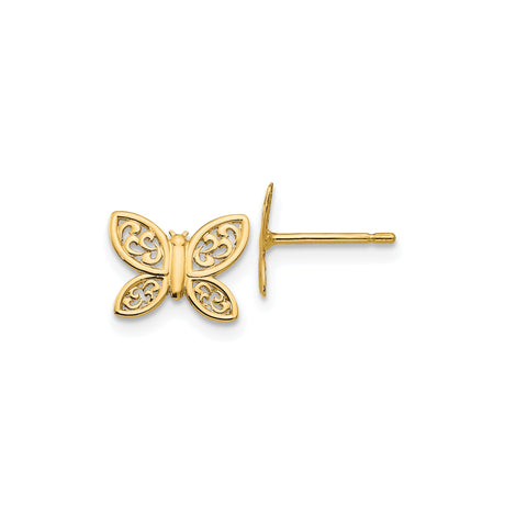 14k Yellow Gold Butterfly Stud Earrings with Delicate Filigree Wing Design for Women