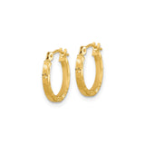 14k Yellow Gold Hoop Earrings, Textured Diamond Cut Square Tube with Hinged Backs