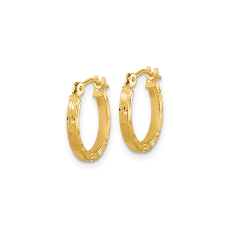 14k Yellow Gold Hoop Earrings, Textured Diamond Cut Square Tube with Hinged Backs