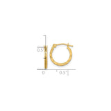 14k Yellow Gold Hoop Earrings, Textured Diamond Cut Square Tube with Hinged Backs