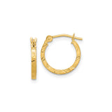 14k Yellow Gold Hoop Earrings, Textured Diamond Cut Square Tube with Hinged Backs