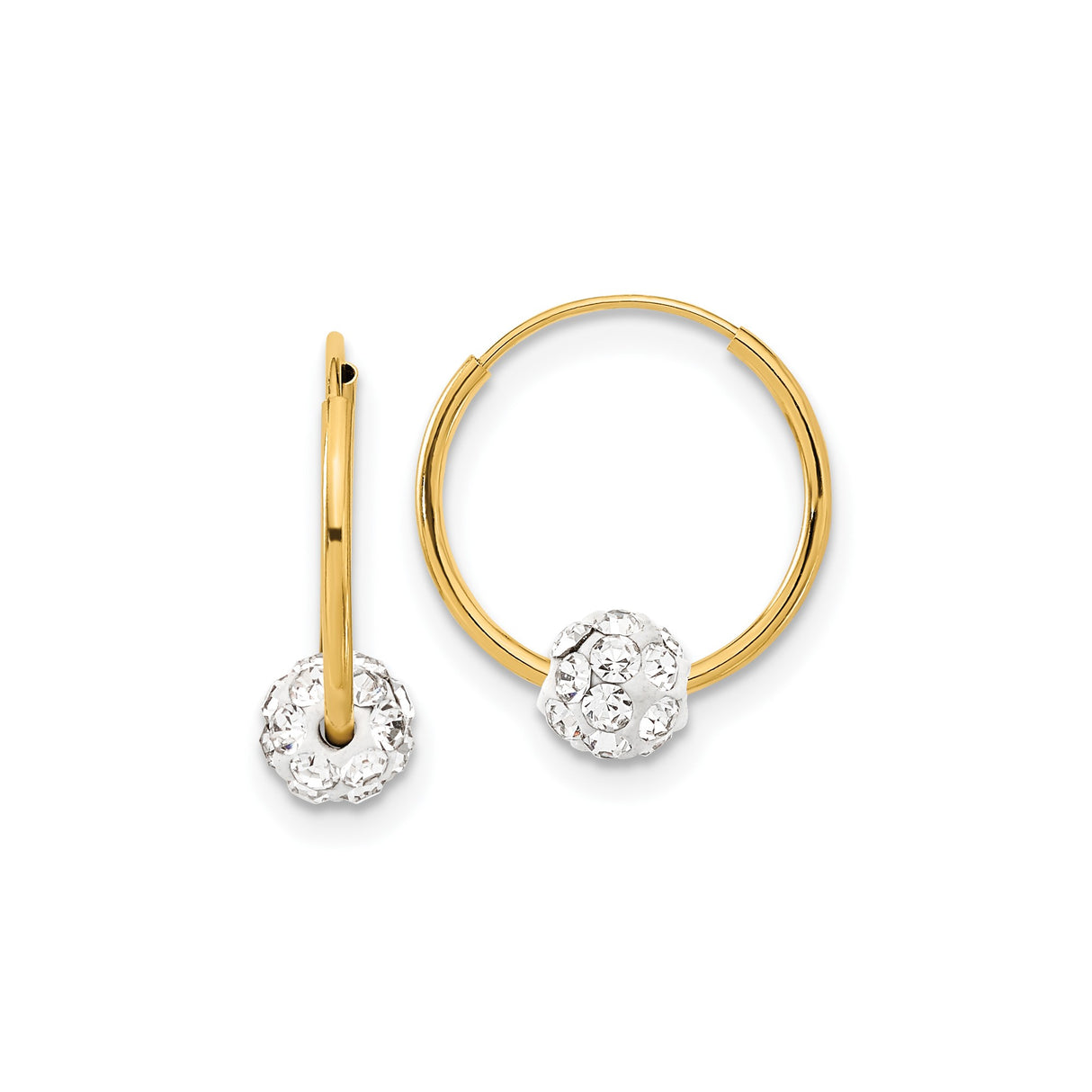 14k Yellow Gold Hoop Earrings with Pavé Crystal Ball Charm, Lightweight Modern Design