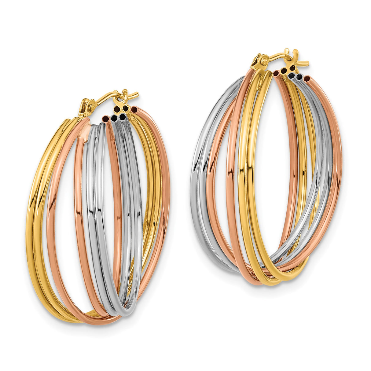 14k Tri Color Gold Hoop Earrings with Intertwined Yellow, White, and Rose Gold Bands