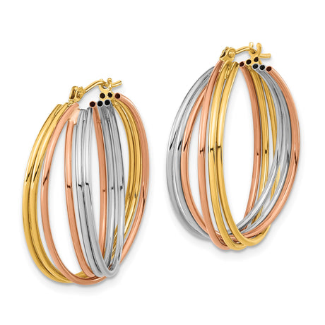 14k Tri Color Gold Hoop Earrings with Intertwined Yellow, White, and Rose Gold Bands