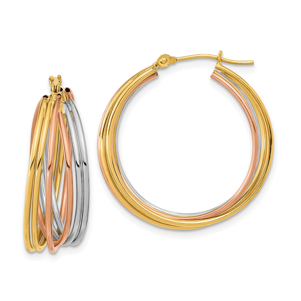 14k Tri Color Gold Hoop Earrings with Intertwined Yellow, White, and Rose Gold Bands