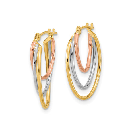 14k Tri-Color Gold Hoop Earrings with Intertwined Yellow, White, and Rose Teardrop Loops