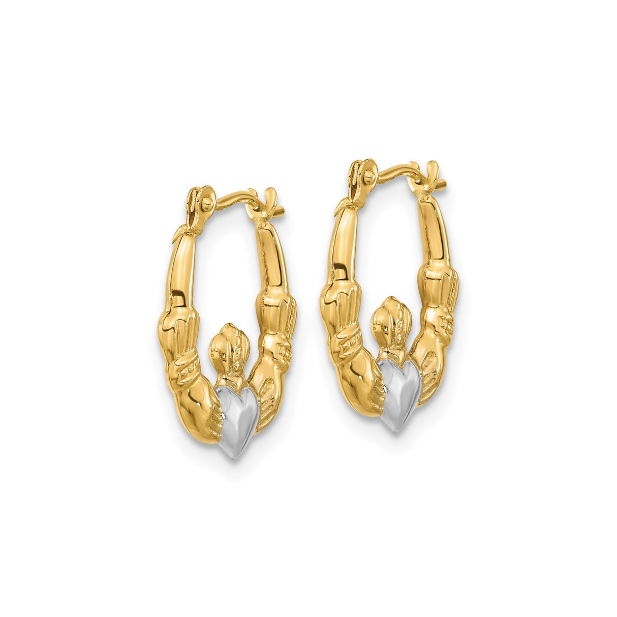 14k Yellow Gold Claddagh Hoop Earrings with Rhodium Accents, Celtic Design for Women