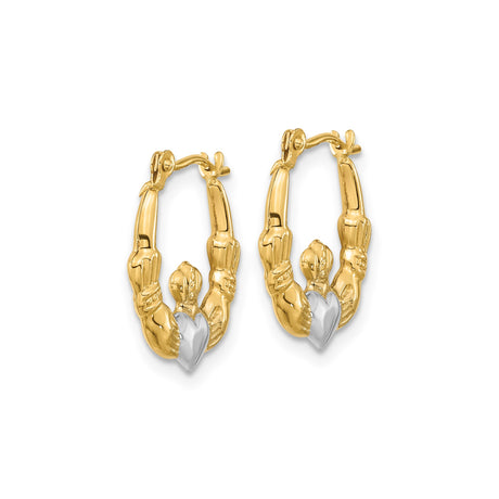 14k Yellow Gold Claddagh Hoop Earrings with Rhodium Accents, Celtic Design for Women