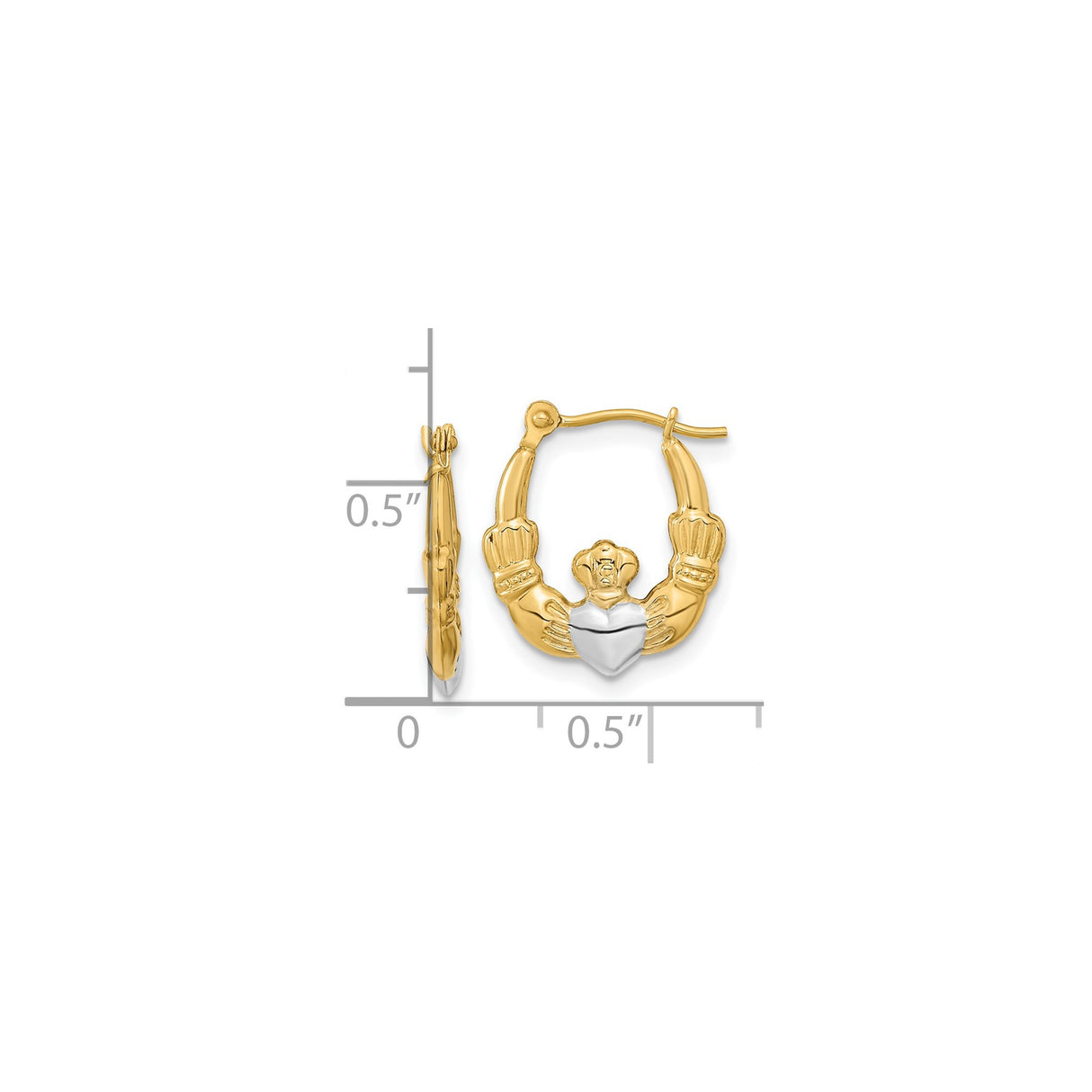 14k Yellow Gold Claddagh Hoop Earrings with Rhodium Accents, Celtic Design for Women