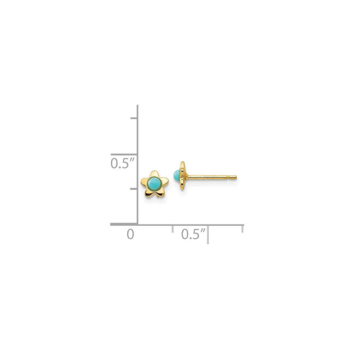 14k Yellow Gold Flower Stud Earrings with Created Turquoise Center, Dainty Floral Style