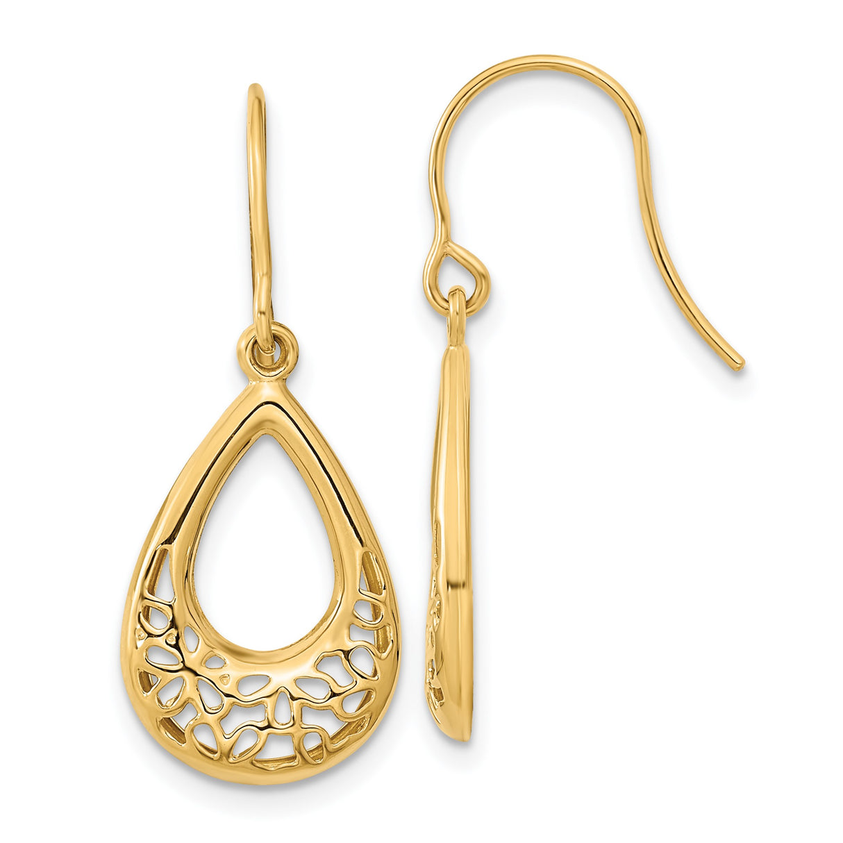 14k Yellow Gold Teardrop Dangle Earrings with Openwork Filigree Design