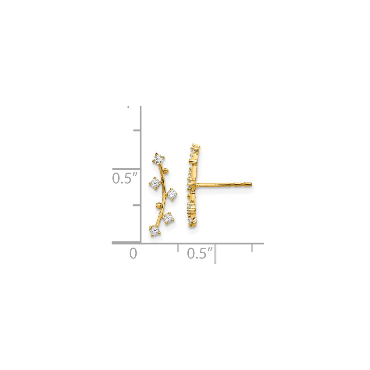 14k Yellow Gold Ear Climbers with Cubic Zirconia, Curved Vine Design for Women