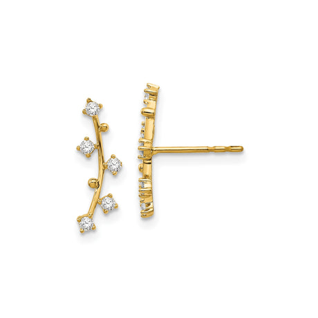 14k Yellow Gold Ear Climbers with Cubic Zirconia, Curved Vine Design for Women