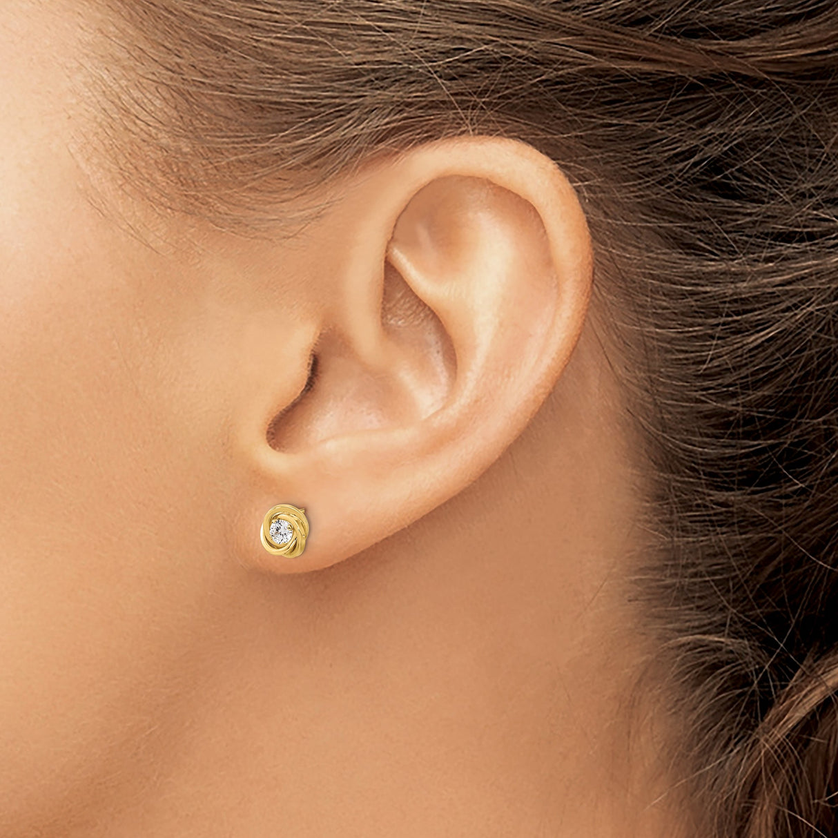 14k Yellow Gold Love Knot Stud Earrings with Round Cut Cubic Zirconia Center