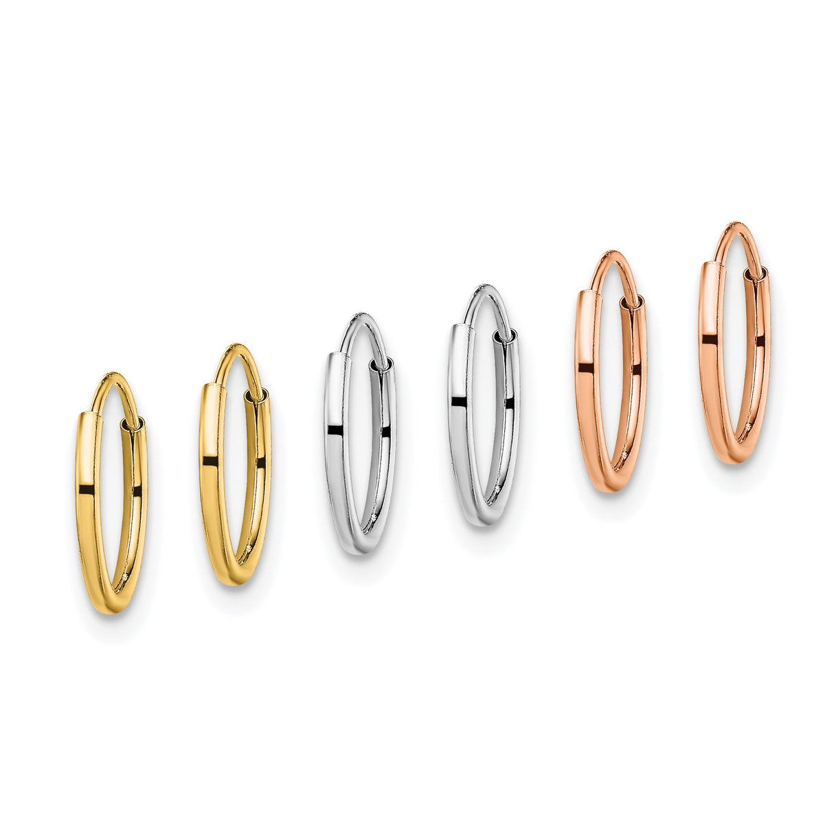 14k Tri Color Gold Hoop Earrings, Small Yellow, White, and Rose Gold, Sleek Minimalist Unisex Style