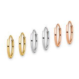 14k Tri Color Gold Hoop Earrings, Small Yellow, White, and Rose Gold, Sleek Minimalist Unisex Style