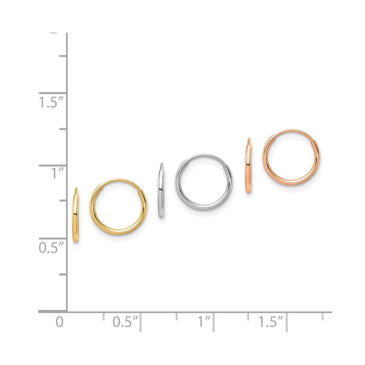 14k Tri Color Gold Hoop Earrings, Small Yellow, White, and Rose Gold, Sleek Minimalist Unisex Style