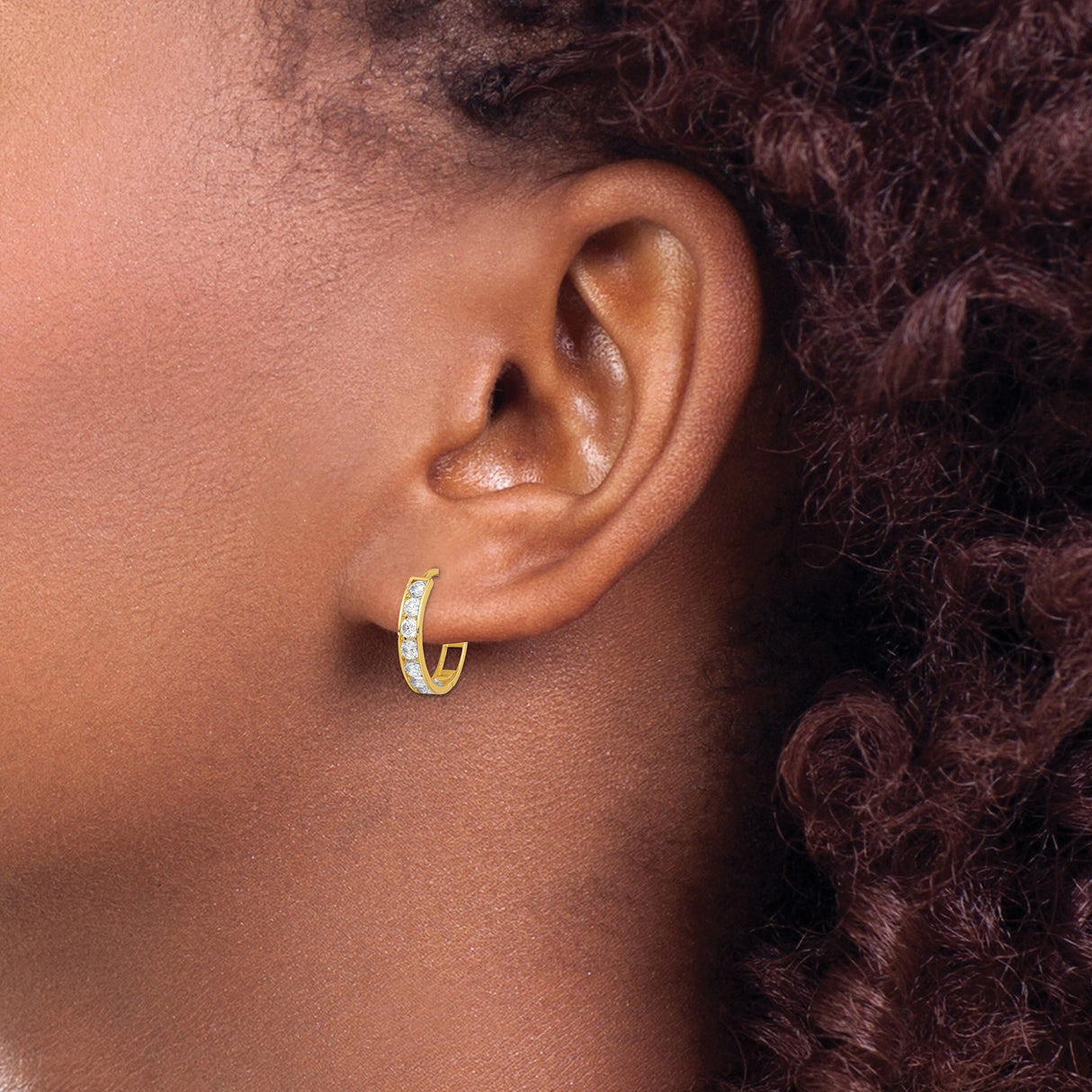 14k Yellow Gold Hoop Earrings with Round Cut Clear Gemstones, Channel Set Hinged Design