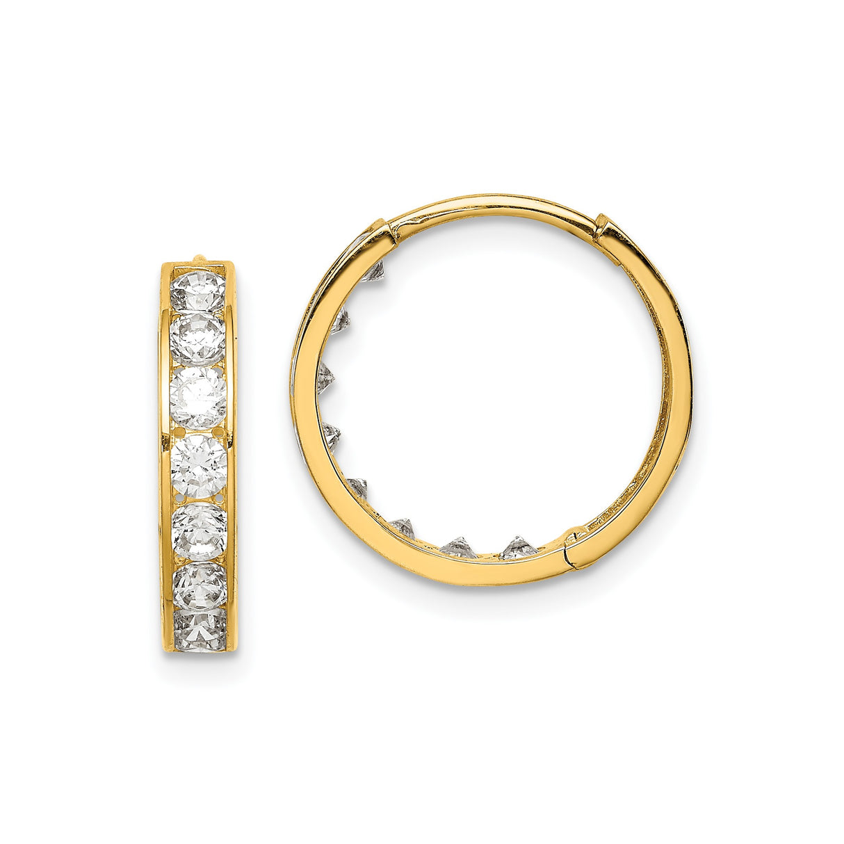 14k Yellow Gold Hoop Earrings with Round Cut Clear Gemstones, Channel Set Hinged Design
