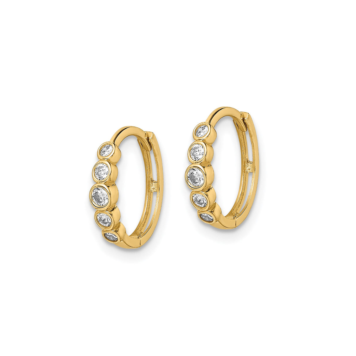 14k Yellow Gold Hoop Earrings with Five Bezel Set Clear Round Stones, Minimalist Huggie Design