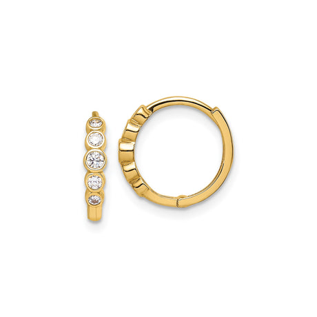 14k Yellow Gold Hoop Earrings with Five Bezel Set Clear Round Stones, Minimalist Huggie Design