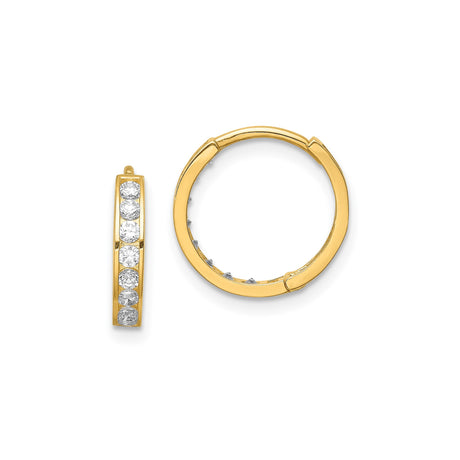 14k Yellow Gold Hoop Earrings with Round Cut Cubic Zirconia, Channel Set Polished Style