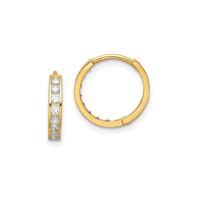 14k Yellow Gold Hoop Earrings with Round Cut Cubic Zirconia, Channel Set Polished Style