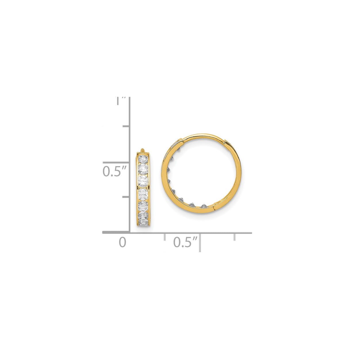 14k Yellow Gold Hoop Earrings, Channel Set with Clear Round Cut Stones, Hinged Closure, Medium Size
