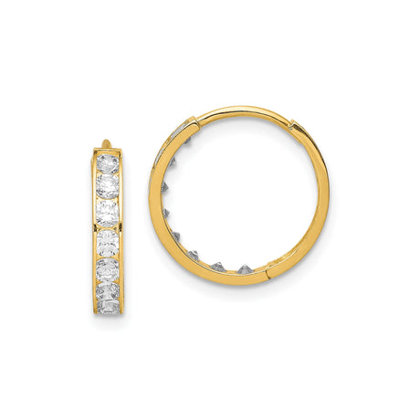 14k Yellow Gold Hoop Earrings, Channel Set with Clear Round Cut Stones, Hinged Closure, Medium Size