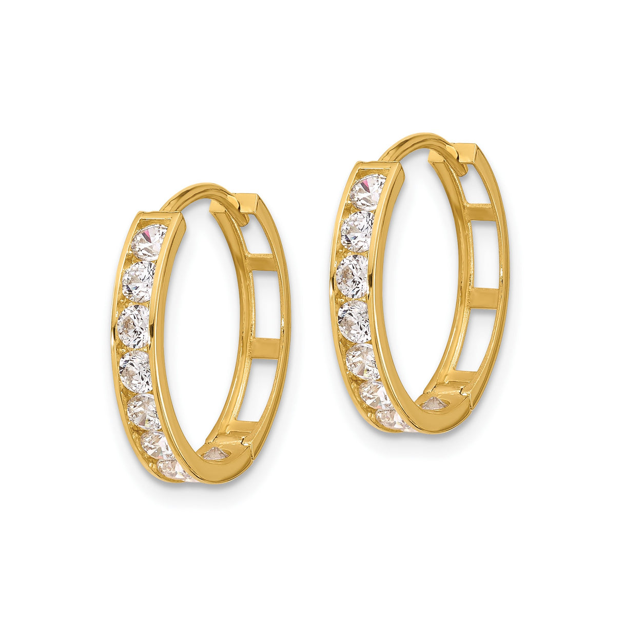 14k Yellow Gold Hoop Earrings with Round Cut White Gemstones, Channel Set, Polished Finish