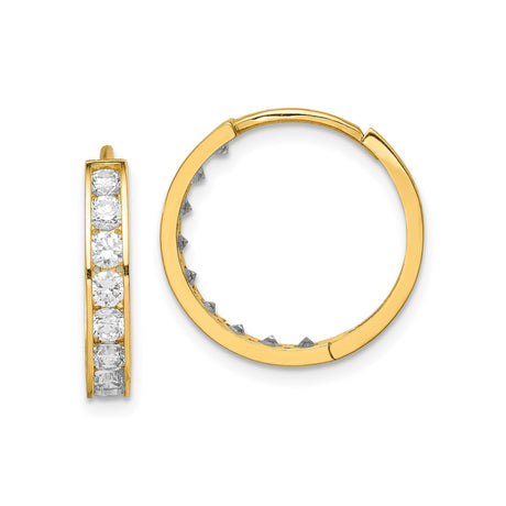 14k Yellow Gold Hoop Earrings with Round Cut White Gemstones, Channel Set, Polished Finish