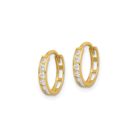 14k Yellow Gold Hoop Earrings with Channel Set Round Cut White Gemstones, Sleek Polished Design