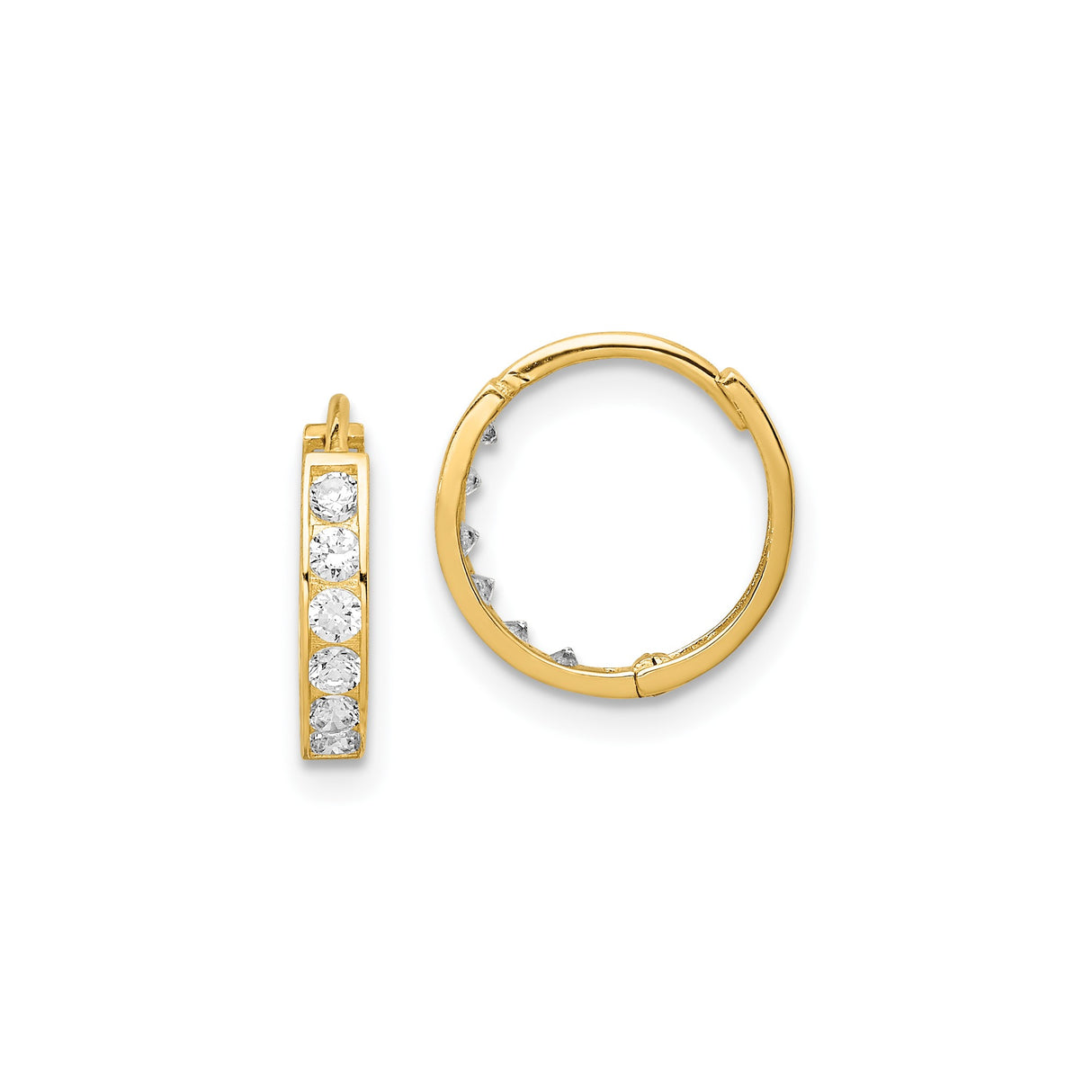 14k Yellow Gold Hoop Earrings with Channel Set Round Cut White Gemstones, Sleek Polished Design