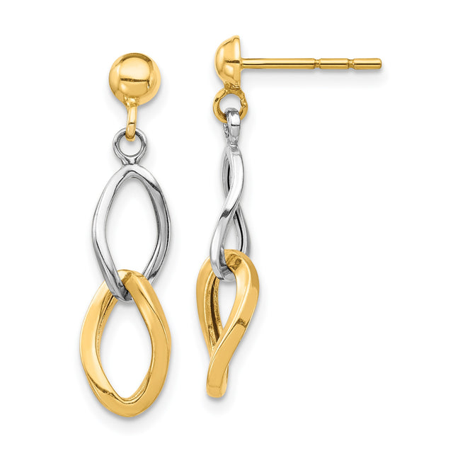 14k Two-Tone Gold Dangle Earrings with Interlocking Twisted Loops, Abstract Drop Design for Women