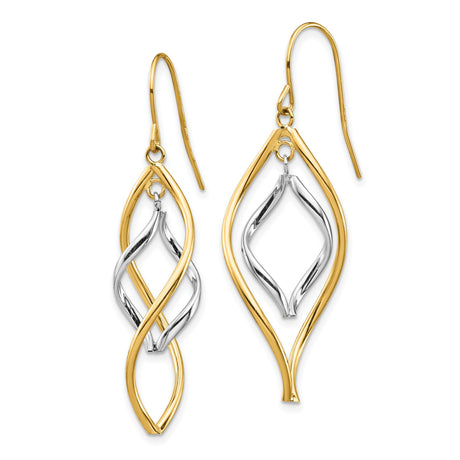 14k Yellow Gold Dangle Earrings, Two-Tone Twisted Marquise Drop Style for Women