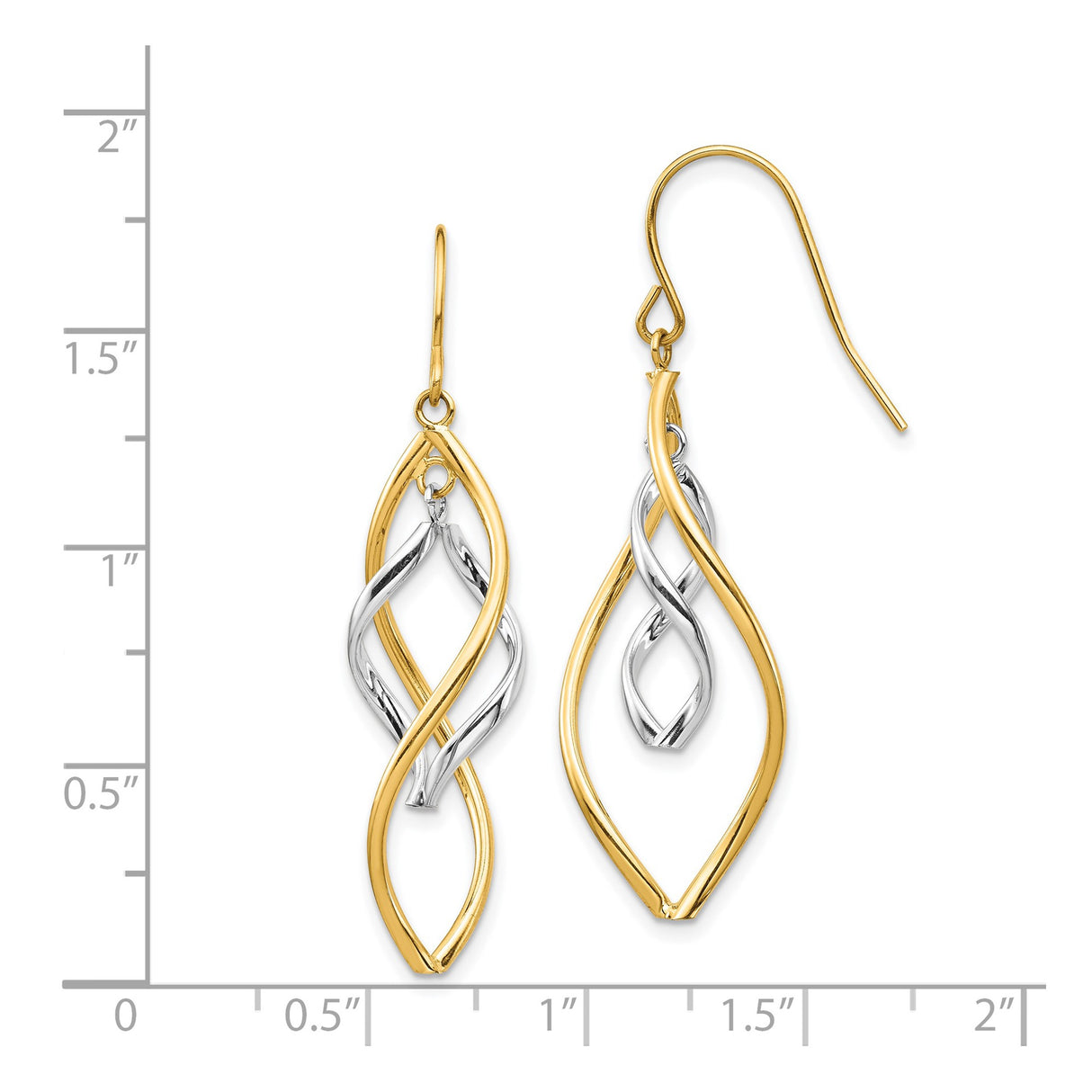 14k Yellow Gold Dangle Earrings, Two-Tone Twisted Marquise Drop Style for Women