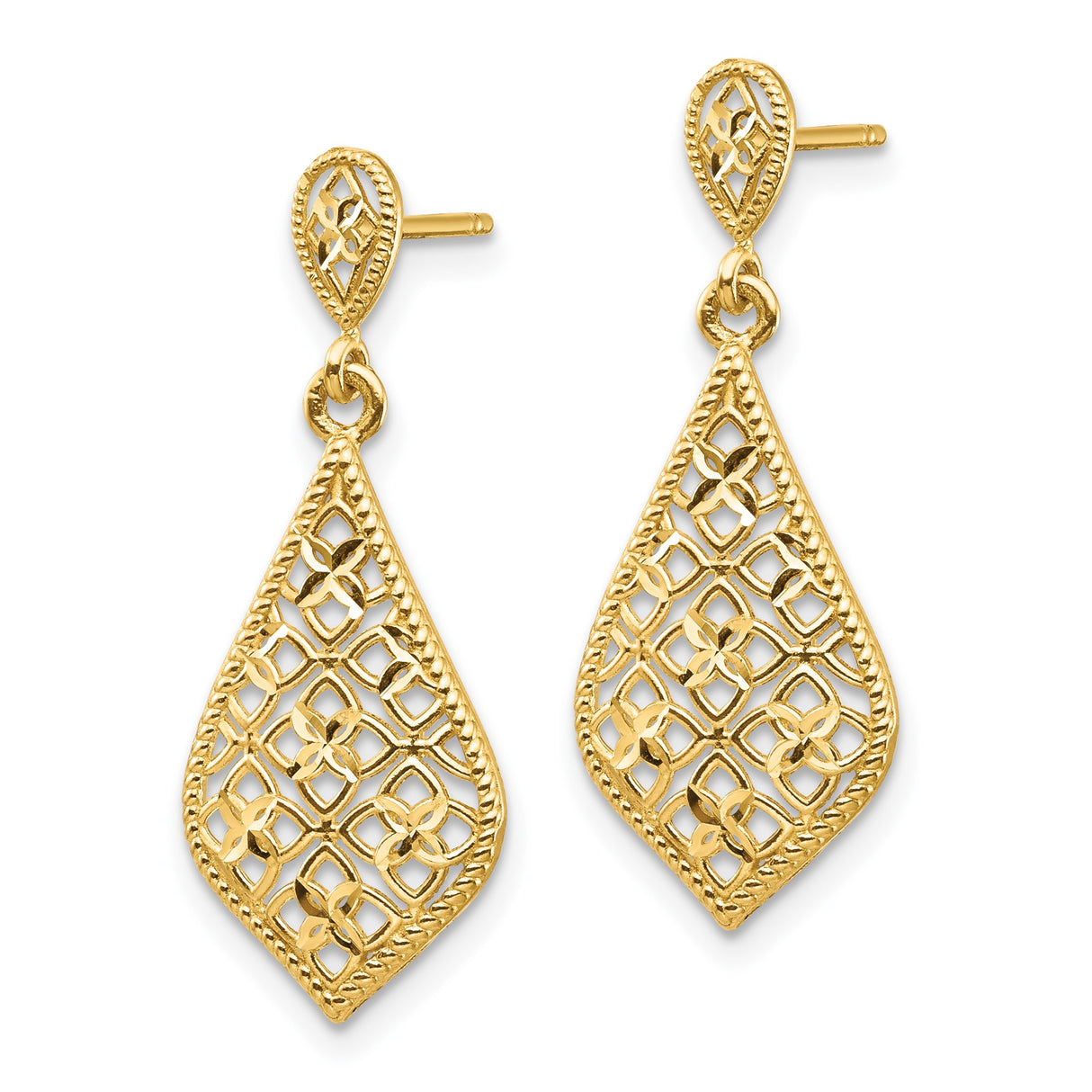 14k Yellow Gold Dangle Drop Earrings with Filigree Lattice and Floral Accents