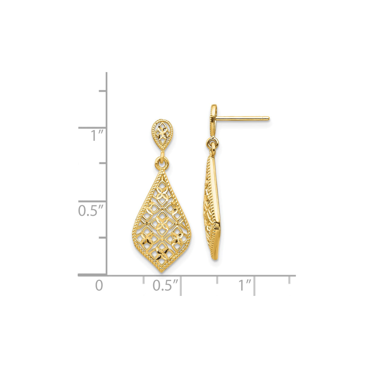14k Yellow Gold Dangle Drop Earrings with Filigree Lattice and Floral Accents